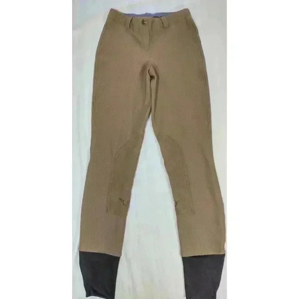 TuffRider Ladies Ribbed Knee Patch Breeches Taupe Tan Equestrian Riding Pants 24